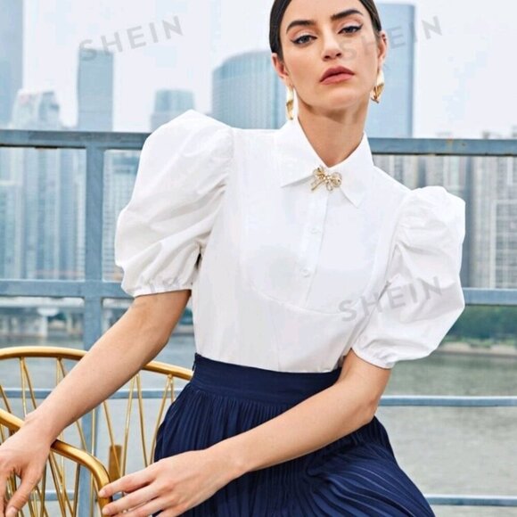 Puff Sleeve Half Button Bow Front Crop Top - Picture 6 of 8